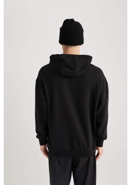 Erkek Siyah Oversize Fit Geniş Kesim Basic Düz Pamuklu Kapüşonlu Sweatshirt B7849AXNS