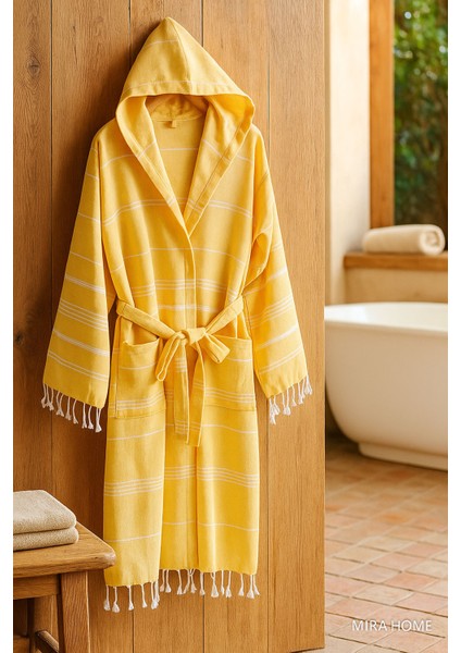 Kapüşonlu Kadın / Erkek Peştemal Bornoz Soft %100 Pamuklu Natural