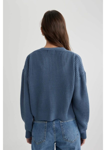 Kadın Mavi Regular Fit Düz Kesim V Yaka Basic Düz Akrilik Hırka B7867AXNS
