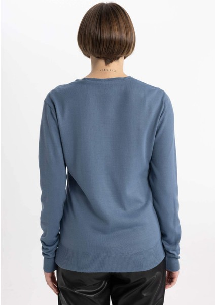 Kadın Mor Regular Fit Düz Kesim V Yaka Düz Basic Akrilik Triko Kazak B7865AXNS