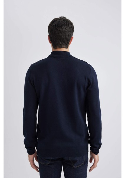 Erkek Koyu Mavi Slim Fit Dar Kesim Basic Düz Akrilik Kazak B7851AXNS