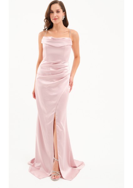 Kadın Pudra Taş Askılı Uzun Söz Nişan Abiye Elbise