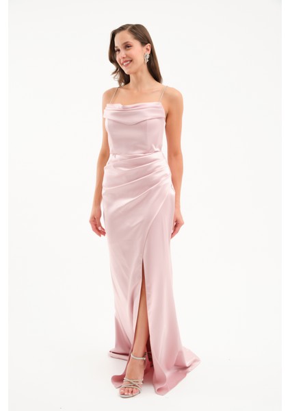 Kadın Pudra Taş Askılı Uzun Söz Nişan Abiye Elbise fiyatları