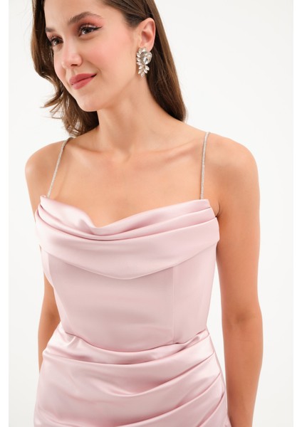 Kadın Pudra Taş Askılı Uzun Söz Nişan Abiye Elbise modelleri