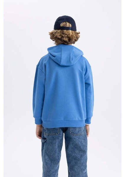 Erkek Çocuk Mavi Regular Fit Düz Kesim Basic Düz Kapüşonlu Sweatshirt B7821A8NS