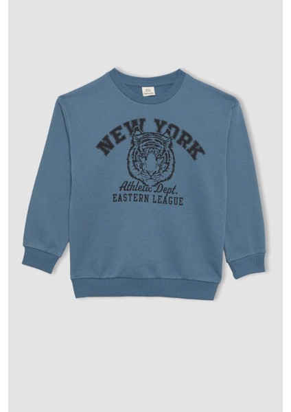 Erkek Çocuk Mavi Regular Fit Düz Kesim Basic Düz Kapüşonlu Sweatshirt B7822A8NS