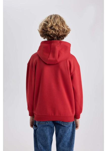 Erkek Çocuk Bordo Regular Fit Düz Kesim Basic Düz Kapüşonlu Sweatshirt B7773A8NS