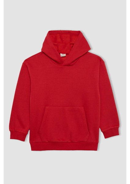 Erkek Çocuk Bordo Regular Fit Düz Kesim Basic Düz Kapüşonlu Sweatshirt B7773A8NS