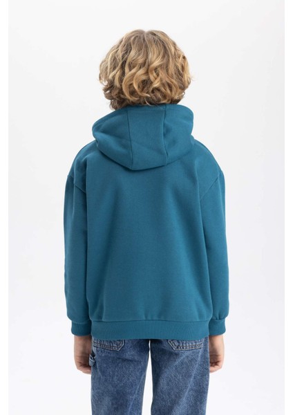 Erkek Çocuk Mavi Regular Fit Düz Kesim Basic Düz Kapüşonlu Sweatshirt B7773A8NS