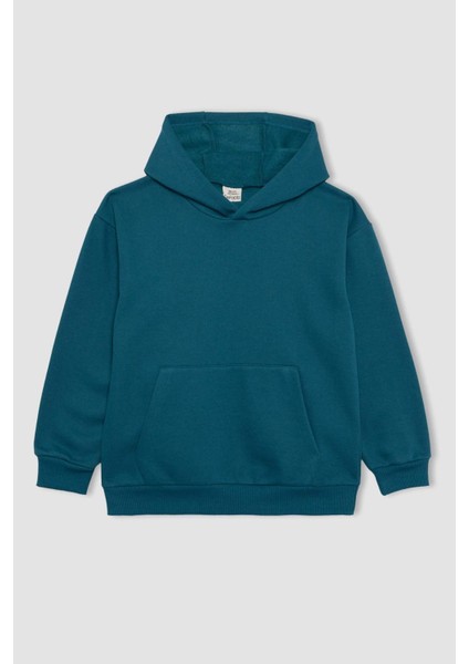 Erkek Çocuk Mavi Regular Fit Düz Kesim Basic Düz Kapüşonlu Sweatshirt B7773A8NS