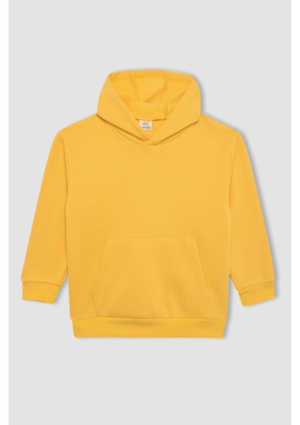 Erkek Çocuk Sarı Regular Fit Düz Kesim Basic Düz Kapüşonlu Sweatshirt B7773A8NS