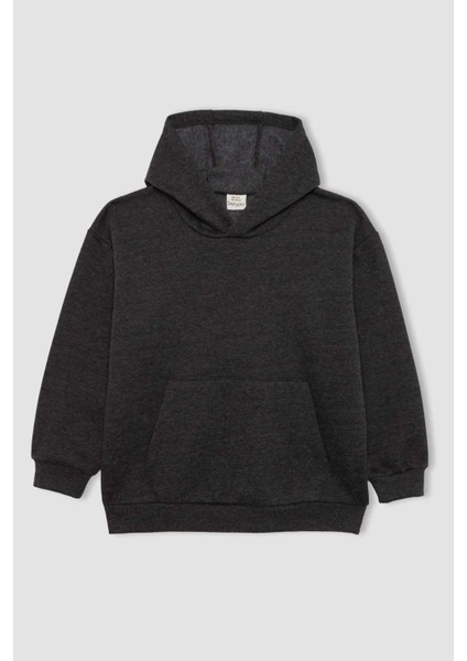 Erkek Çocuk Antrasit Regular Fit Düz Kesim Basic Düz Kapüşonlu Sweatshirt B7773A8NS