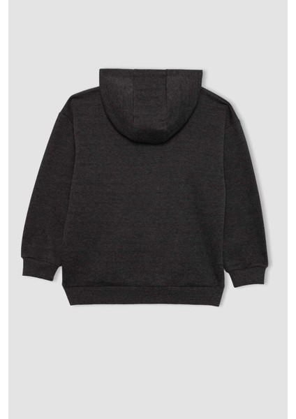 Erkek Çocuk Antrasit Regular Fit Düz Kesim Basic Düz Kapüşonlu Sweatshirt B7773A8NS