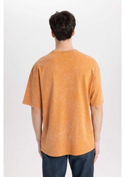 Comfort Fit Bisiklet Yaka Baskılı Yıkamalı Soluk Efektli Kısa Kollu Tişört B8493AX24SM