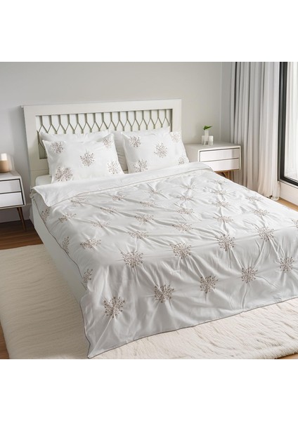 Elegant Burgu Çiçek Nakışlı Pamuk Saten Çift Kişilik 6 Parça Nevresim Takımı