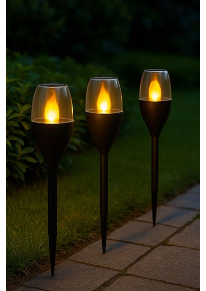 Güneş Enerjili Bahçe Aydınlatması Alev Efekti Solar Bahçe Yürüyüş Yol Aydınlatma Solar Bahçe 3 Adet modelleri