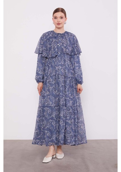 Indigo Etnik Desenli Şifon Elbise