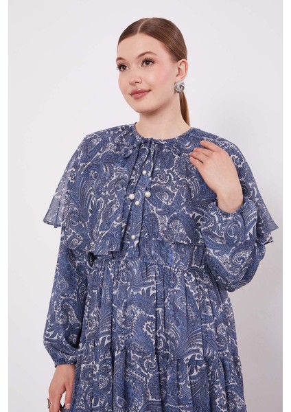 Indigo Etnik Desenli Şifon Elbise modelleri