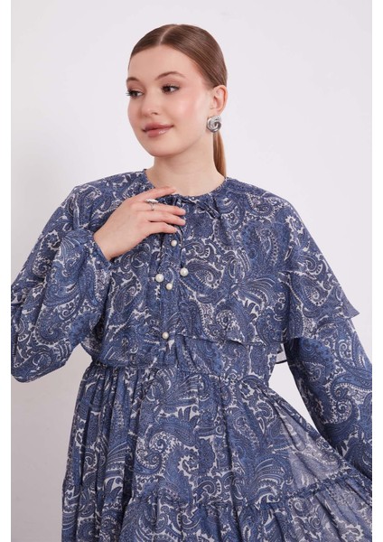 Indigo Etnik Desenli Şifon Elbise fırsatları