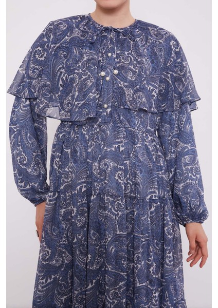 Indigo Etnik Desenli Şifon Elbise indirimleri