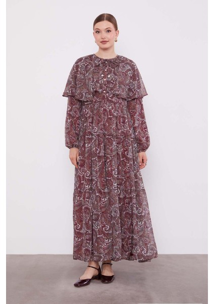 Bordo Etnik Desenli Şifon Elbise