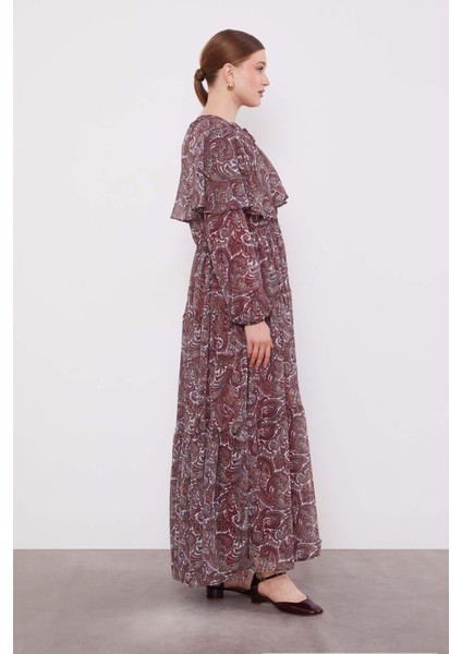 Bordo Etnik Desenli Şifon Elbise fiyatları