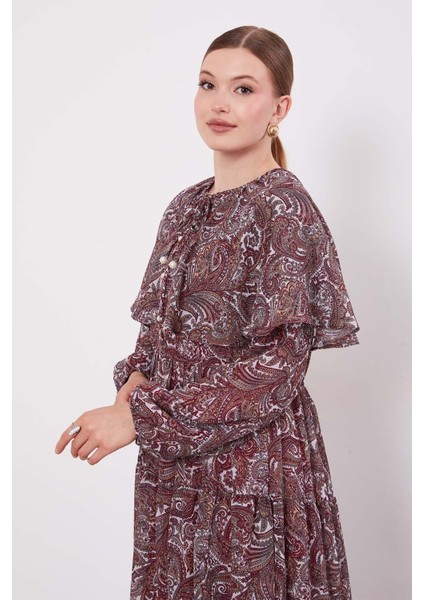 Bordo Etnik Desenli Şifon Elbise modelleri