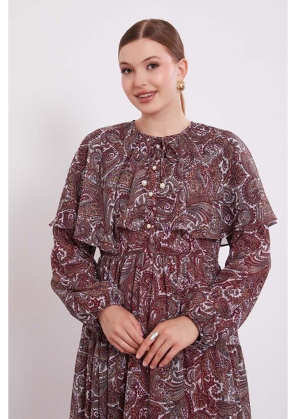 Bordo Etnik Desenli Şifon Elbise fırsatları