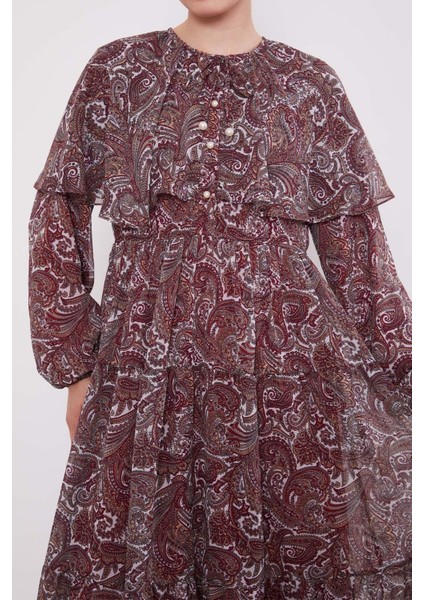 Bordo Etnik Desenli Şifon Elbise indirimleri