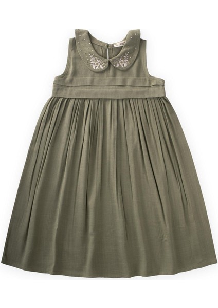 Bebe Yaka Nakışlı Keten Elbise 2-7 Yaş Haki Yeşil