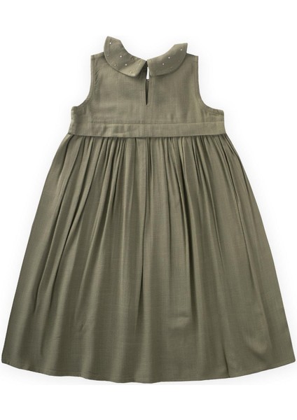 Bebe Yaka Nakışlı Keten Elbise 2-7 Yaş Haki Yeşil fiyatları