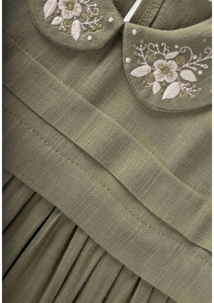 Bebe Yaka Nakışlı Keten Elbise 2-7 Yaş Haki Yeşil modelleri