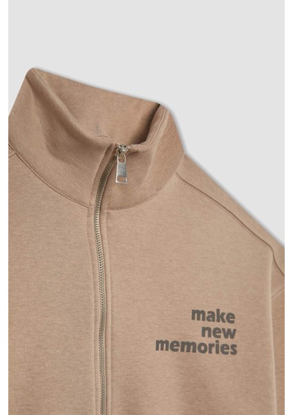 Regular Fit Fermuarlı Dik Yaka Baskılı İçi Yumuşak Tüylü Kalın Sweatshirt Tunik B9300AX24SP