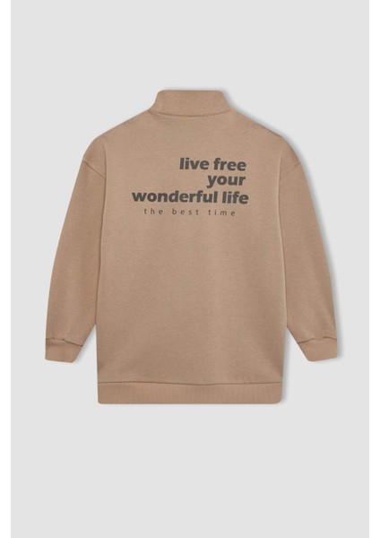 Regular Fit Fermuarlı Dik Yaka Baskılı İçi Yumuşak Tüylü Kalın Sweatshirt Tunik B9300AX24SP