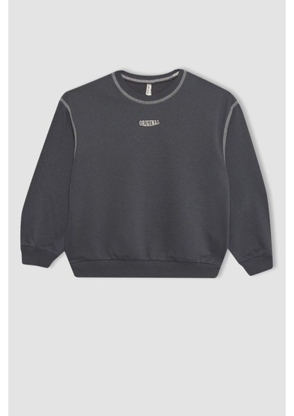 Kız Çocuk Oversize Geniş Kalıp Bisiklet Yaka Baskılı Sweatshirt C0103A824SP