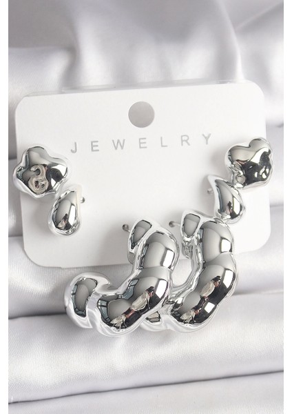 Bfs Gümüş Renk Yonca Damla Halka Model Ccb Plastik Kadın Küpe Seti