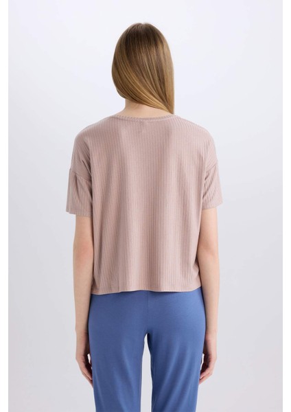 Regular Fit V Yaka Casual Kısa Kollu Pijama Üstü-Fall in Love B6181AX24SP