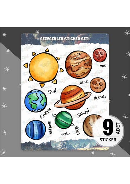 Gezegenler Sticker Seti, Gezegen Temalı Sticker, 9 Adet Gezegen ve Uzay Temalı Etiket