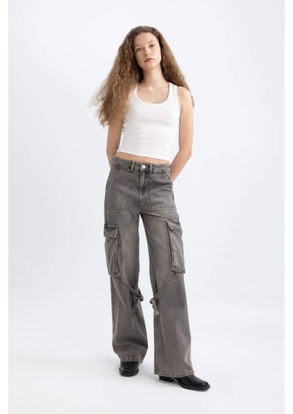 Wide Leg Kargo Yüksek Bel Geniş Bol Paça Uzun Jean Pantolon C1145AX24SP