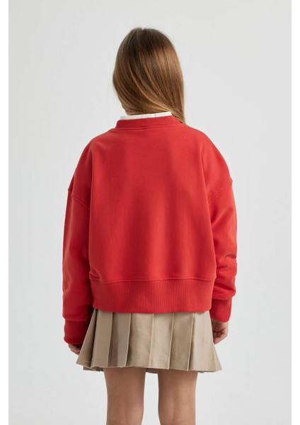 Kız Çocuk Crop Bisiklet Yaka Baskılı Sweatshirt B9934A824SP