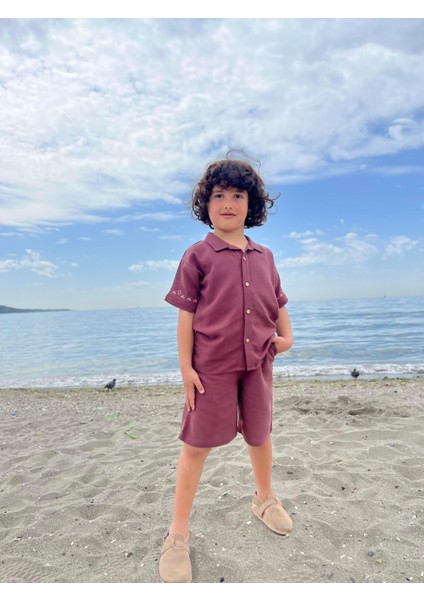 Kolları Nakışlı Gömlek Şort Keten Takım 2-7 Yaş Mürdüm