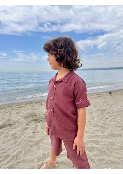 Kolları Nakışlı Gömlek Şort Keten Takım 2-7 Yaş Mürdüm fiyatları