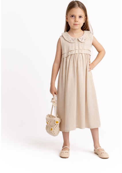 Bebe Yaka Nakışlı Keten Elbise 2-7 Yaş Naturel