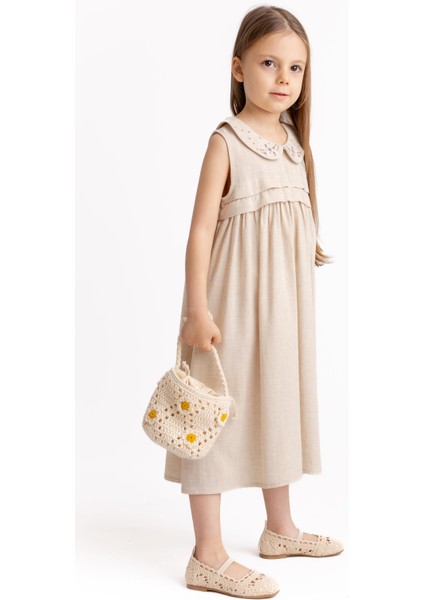 Bebe Yaka Nakışlı Keten Elbise 2-7 Yaş Naturel fiyatları