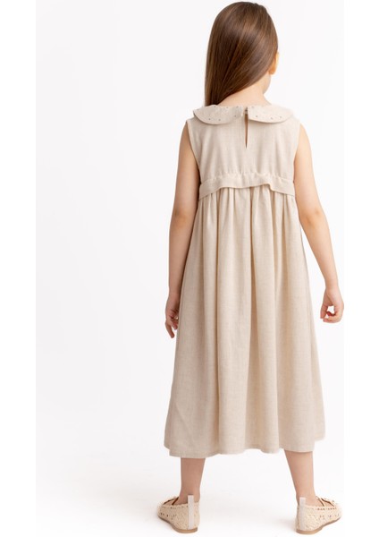 Bebe Yaka Nakışlı Keten Elbise 2-7 Yaş Naturel modelleri