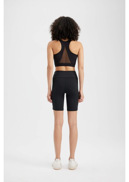 Fit Siyah Yüksek Bel Beli Saran Biker Esnek Kısa Basic Düz Sporcu Tayt Z6741AZ24SP