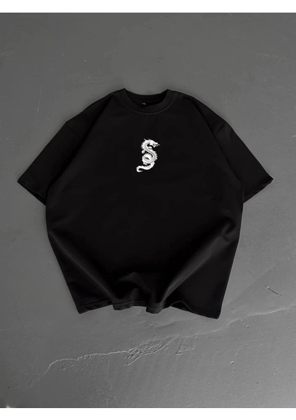 Baskılı Oversize Bisiklet Yaka T-Shirt - Siyah