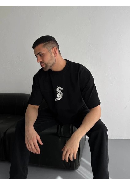 Baskılı Oversize Bisiklet Yaka T-Shirt - Siyah fiyatları