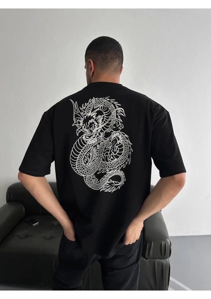 Baskılı Oversize Bisiklet Yaka T-Shirt - Siyah modelleri