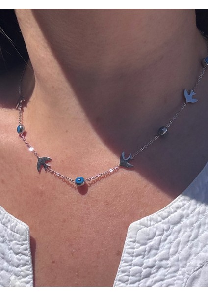 Kuş & Nazar Boncuklu Çelik Kolye